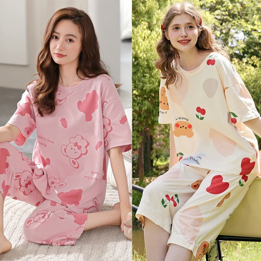 夏季睡衣女短袖夏天宽松薄款大码可外穿休闲七分裤家居服套装FF