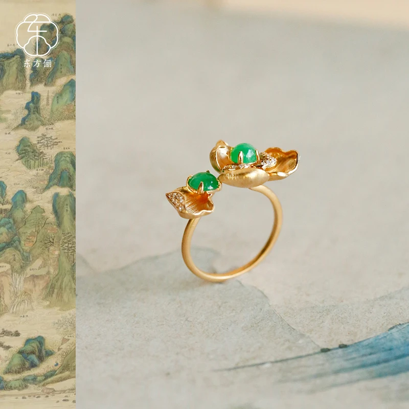 东方俪DOFUNLY【相思瑾】翡翠18K金荷花戒指国风古法镶钻FCJZ空谷