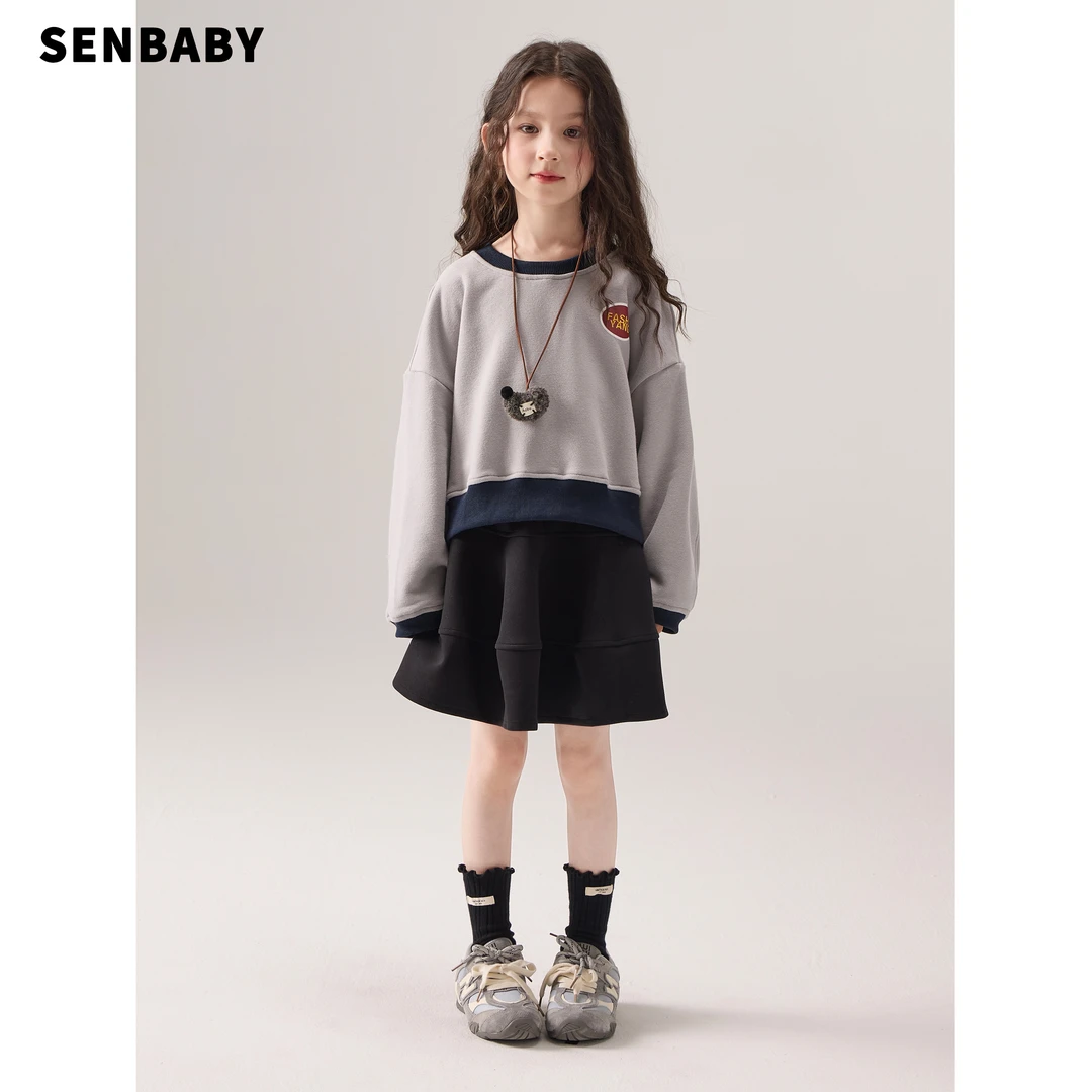 senbaby童装女童圆领套头卫衣外套秋冬儿童洋气抓绒短版卫衣