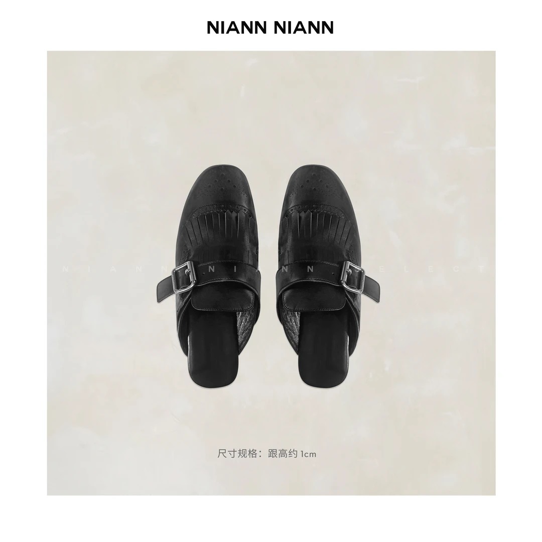NiannNiann定模进口奶牛皮复古手工擦色流苏穆勒巴洛克拖鞋15631