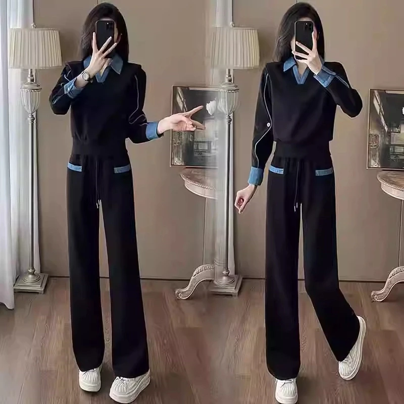 时尚高级感假两件卫衣套装女2025春秋新款韩版洋气休闲显瘦两件套