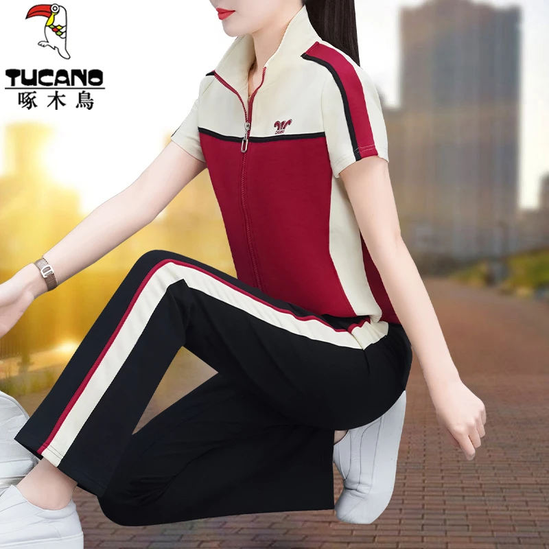 啄木鸟夏季运动套装女2025新款洋气显瘦减龄妈妈装短袖长裤两件套