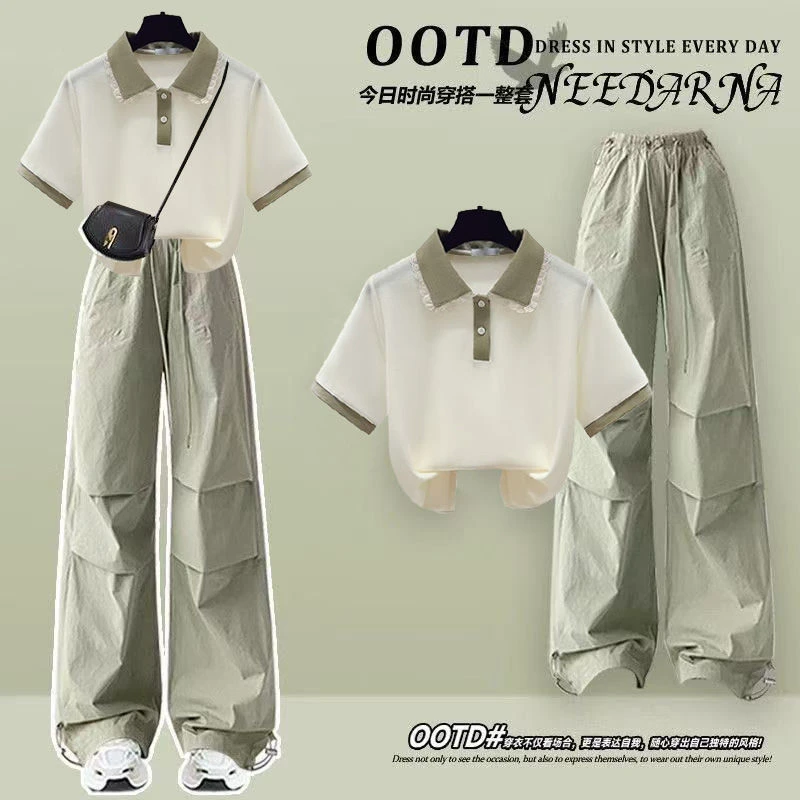 2025夏季多巴胺一整套小清新学院女学生T恤短袖套装两件套工装裤