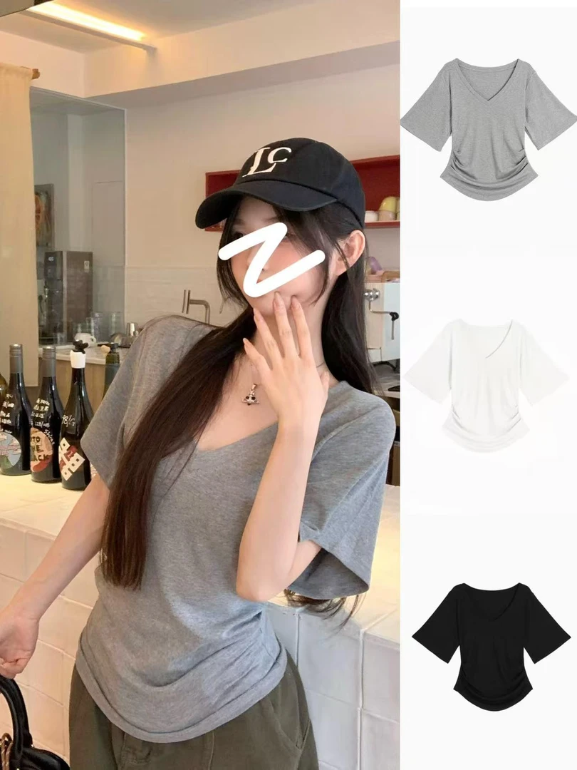 大码微胖休闲短袖t恤女2025新款夏季正肩体恤胖MM遮肉显瘦v领上衣