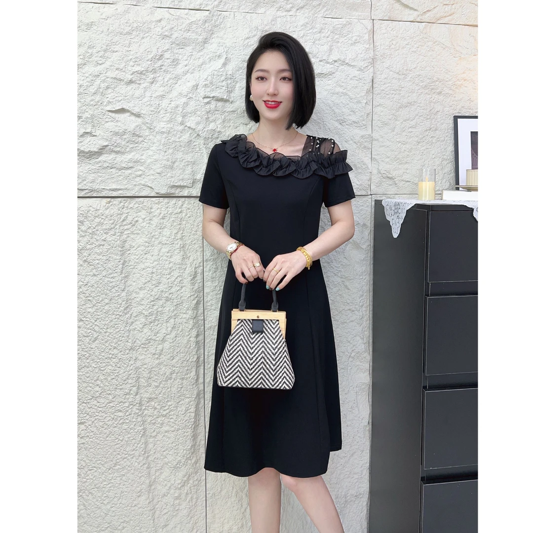 【韩紫朵 】2025新品荷叶领双肩网纱拼接洋气短袖连衣裙82588