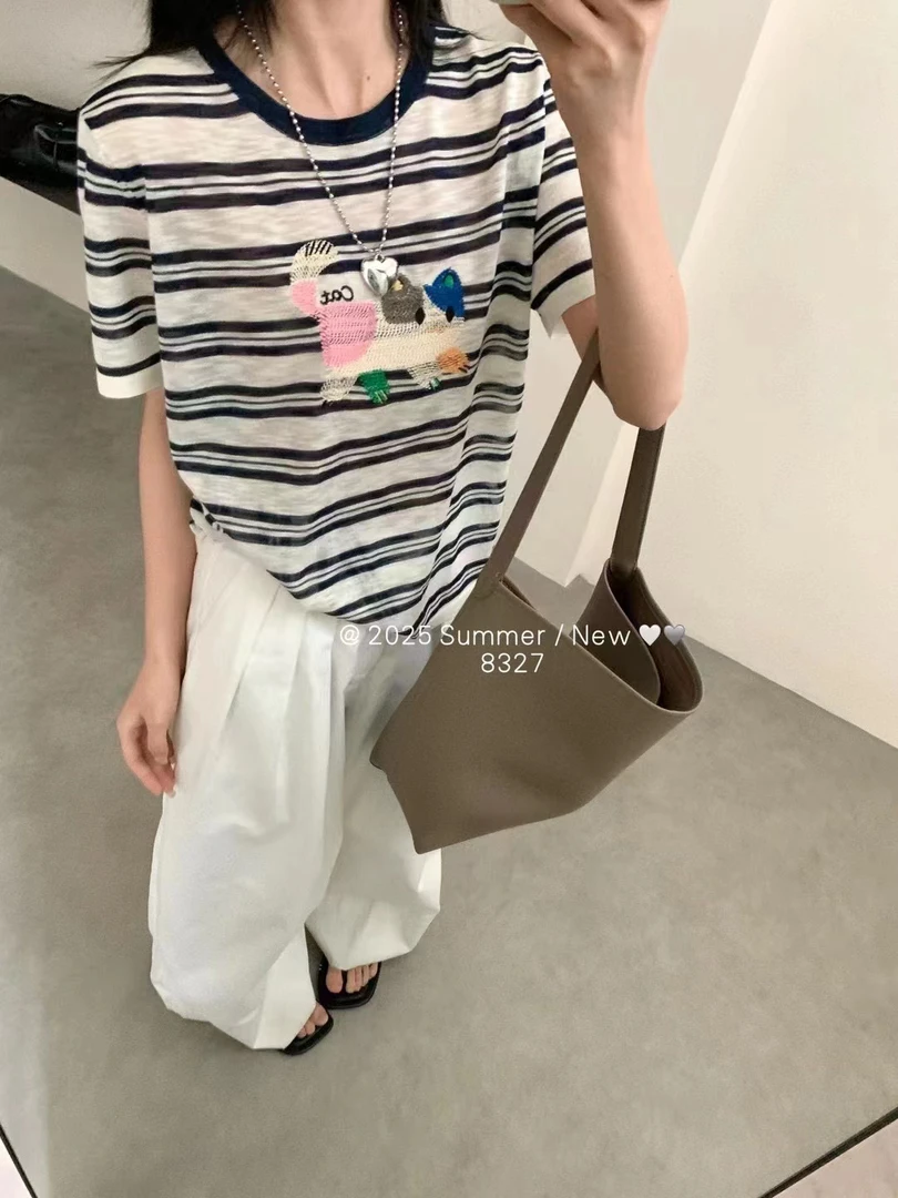 2025夏新款女士绣花短袖针织衫圆领条纹卡通猫咪亚麻针织短袖女