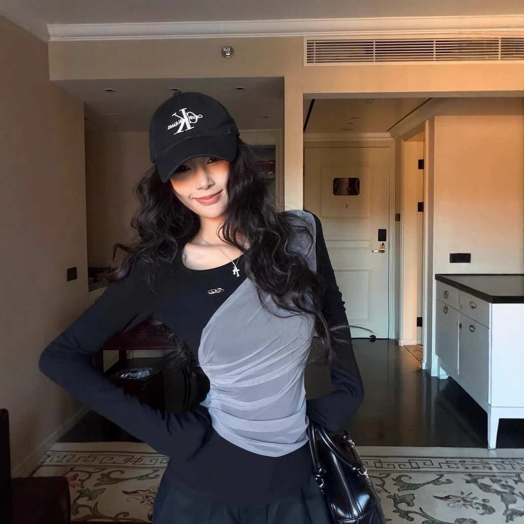 实拍辣妹不规则斜领拼接网纱撞色修身显瘦磨毛内搭打底衫上衣