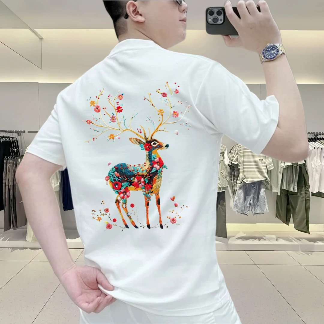 100%纯棉男士短袖小鹿T恤圆领高品质潮牌休闲半袖简约百搭修身t恤