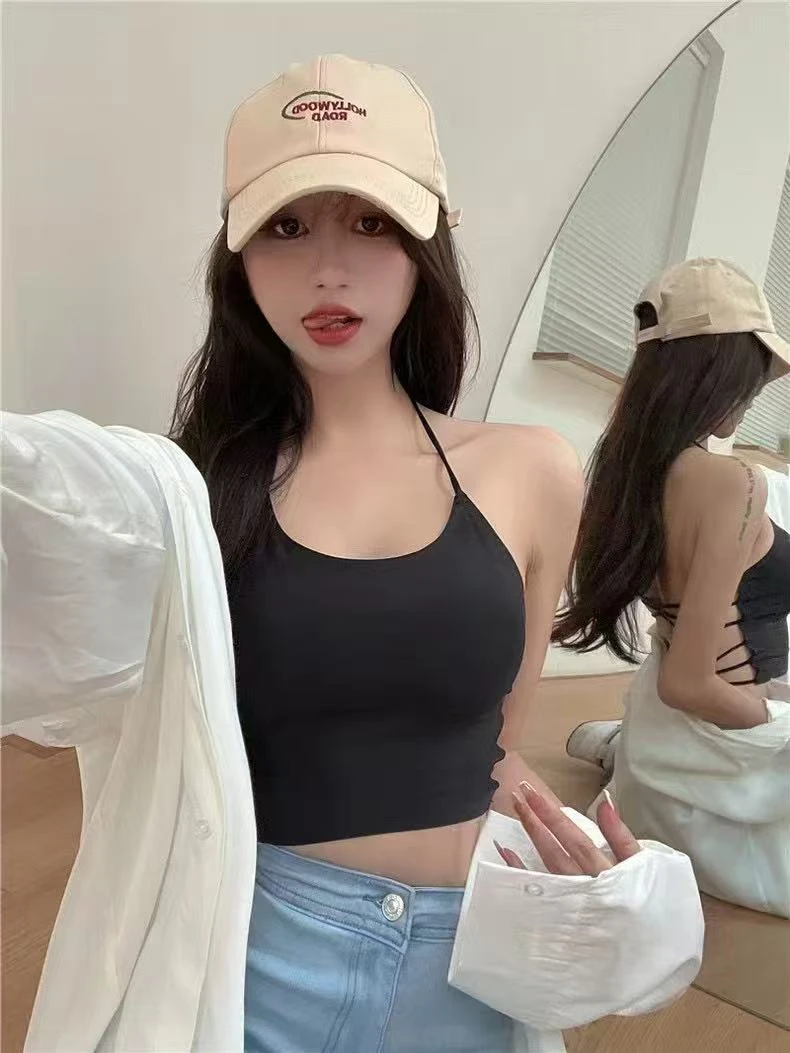 L.X~黑色挂脖背心新款吊带女早秋外穿裹胸内搭带胸垫抹胸上衣6798