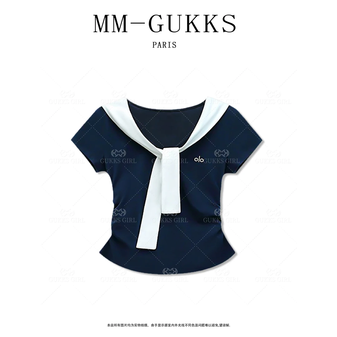 明明GUKKS/夏季新款学院风刺绣韩版海军领短袖修身显瘦百搭T恤