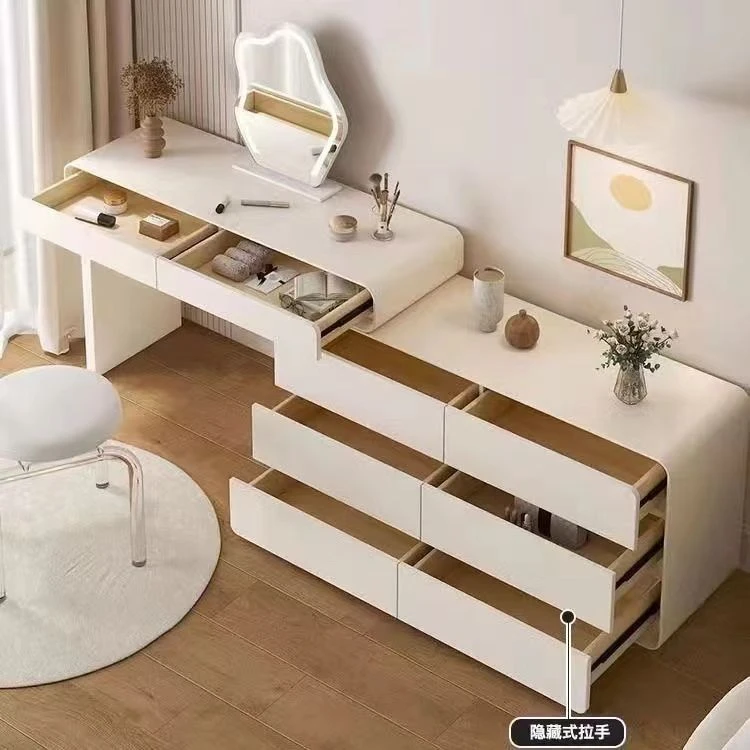 奶油风圆角实木烤漆法式梳妆台卧室化妆斗柜一体伸缩小户型梳妆桌