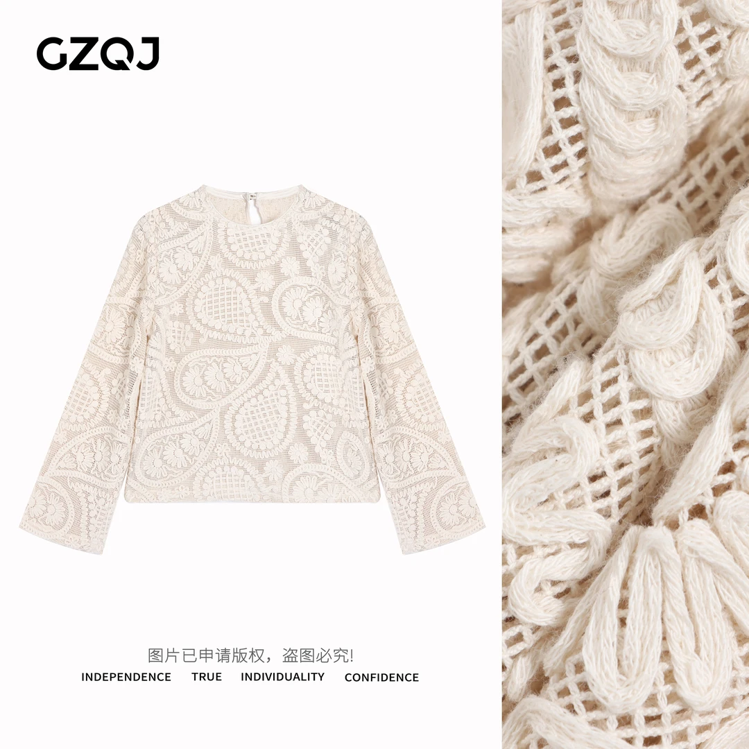 老琴私服【浮雕时光】 时尚百搭设计师镂空圆领长袖T恤 6247