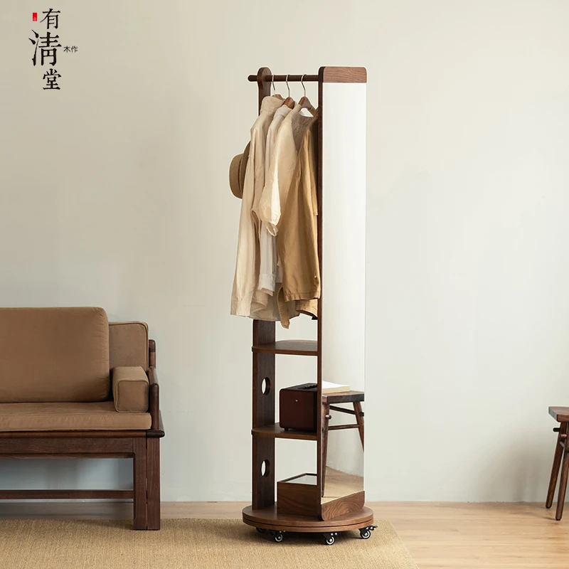 有清堂新中式多功能立体全身镜家用旋转试衣镜卧室落地置物衣服架