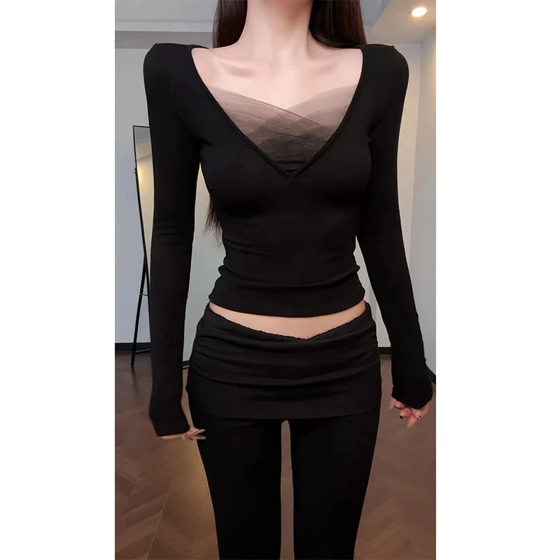 别致性感网纱拼接加绒加厚长袖T恤女秋冬修身显瘦内搭打底衫上衣