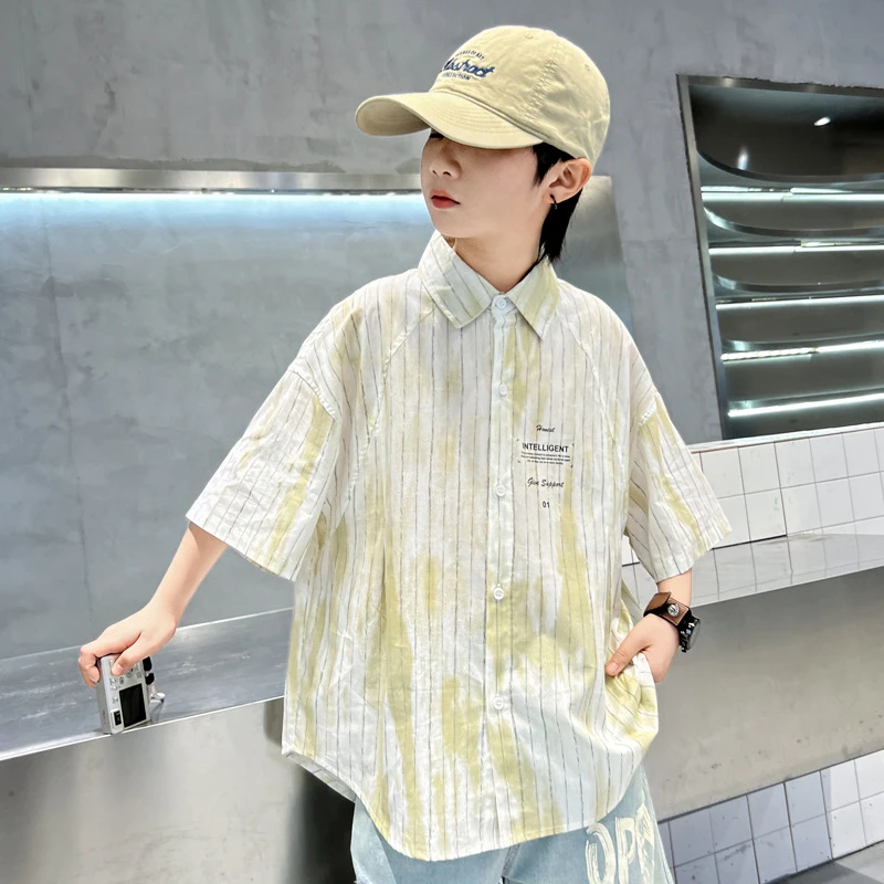 夏季男童短袖衬衫中大童装儿童新男孩薄款个性衬衣翻领上衣潮痞帅
