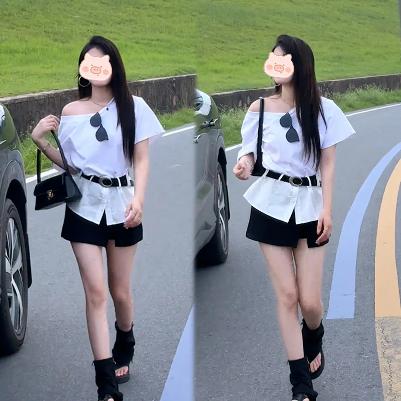 清纯系夏日穿搭套装女2025夏季新款超火高级感纯欲辣妹一字肩上衣