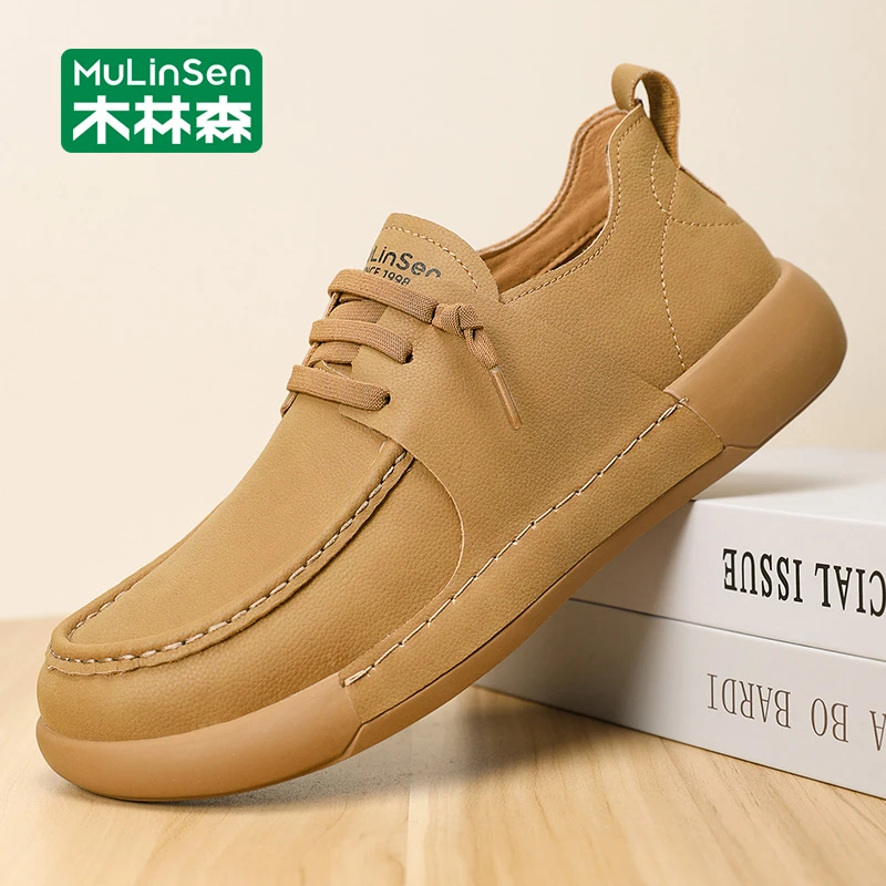木林森男士皮鞋2025新款春秋季复古英伦透气软底休闲一脚蹬爸爸鞋