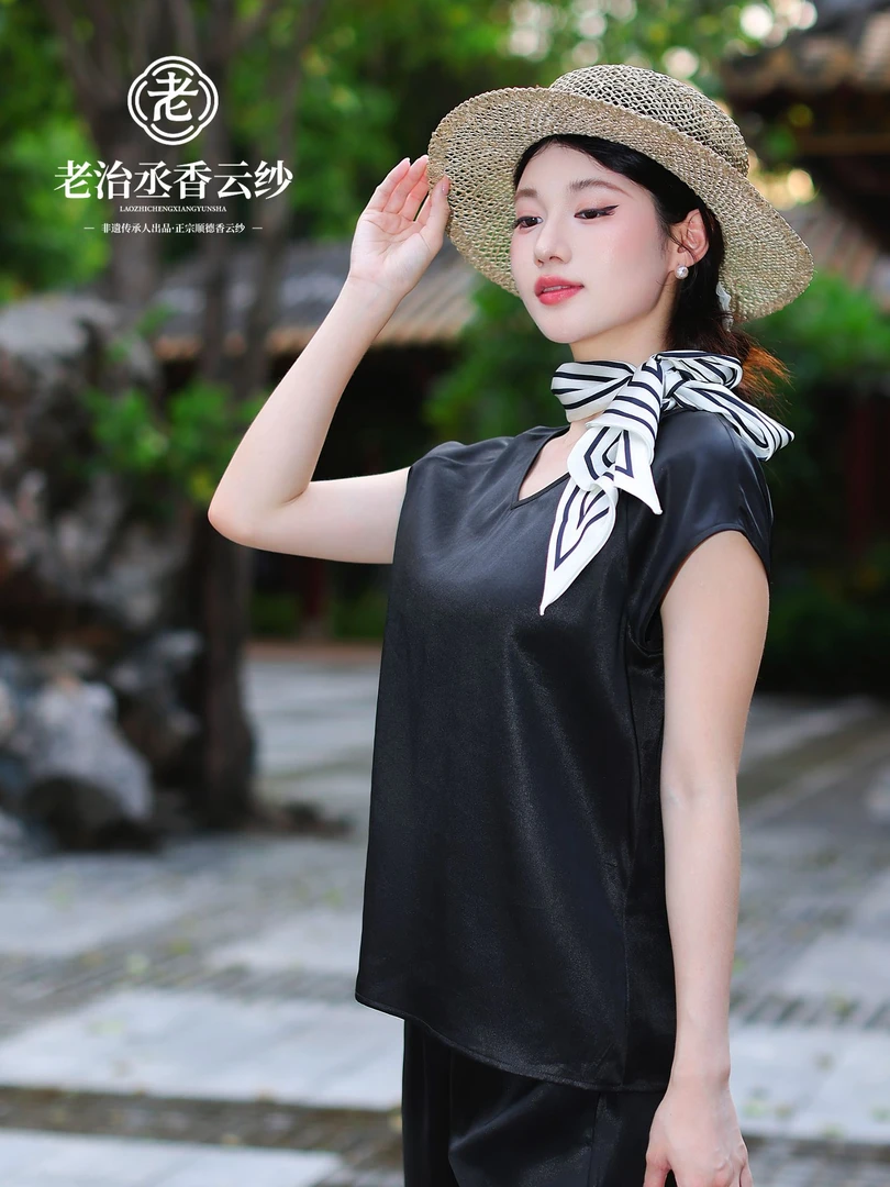 【菲菲】黑珍珠二次泥素绉缎休闲百搭原色香云纱短袖 YB0001