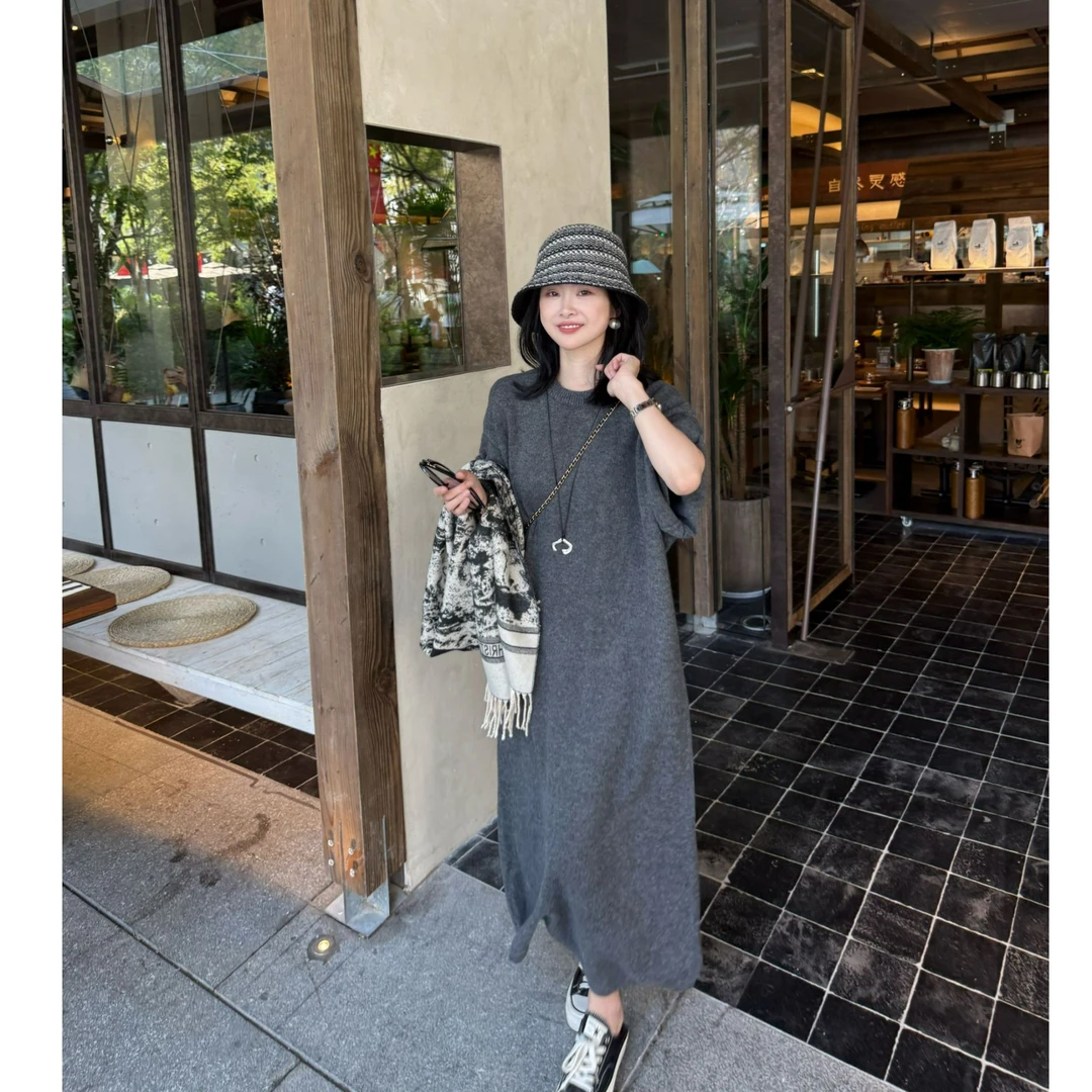 韩版纯色毛织长裙A字裙宽松腰开叉连衣裙显瘦气质