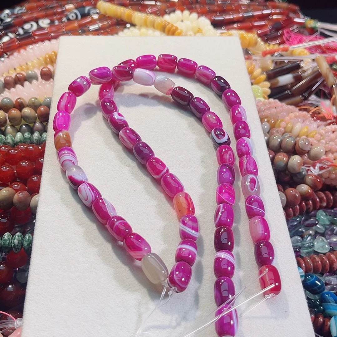 玛瑙/玉髓未镶嵌珠宝半成品玫红蚕丝桶一条10✖️14mm