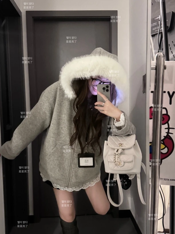 奶呼呼大毛领羊毛毛呢拉链连帽外套女保暖冬季新品