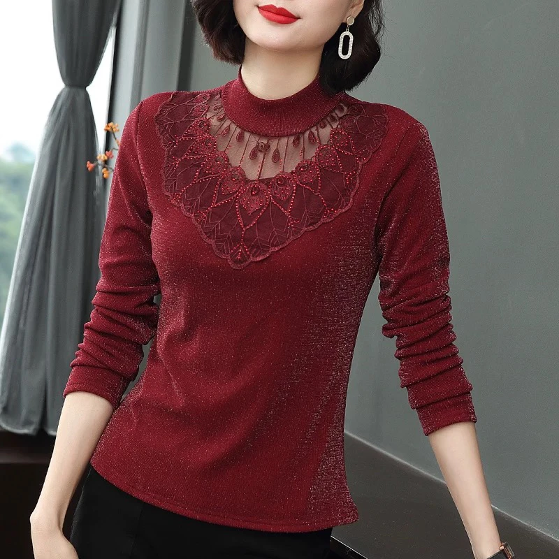 秋 大梦梦蕾丝半高领打底衫女秋冬中老年妈妈内搭加绒上衣