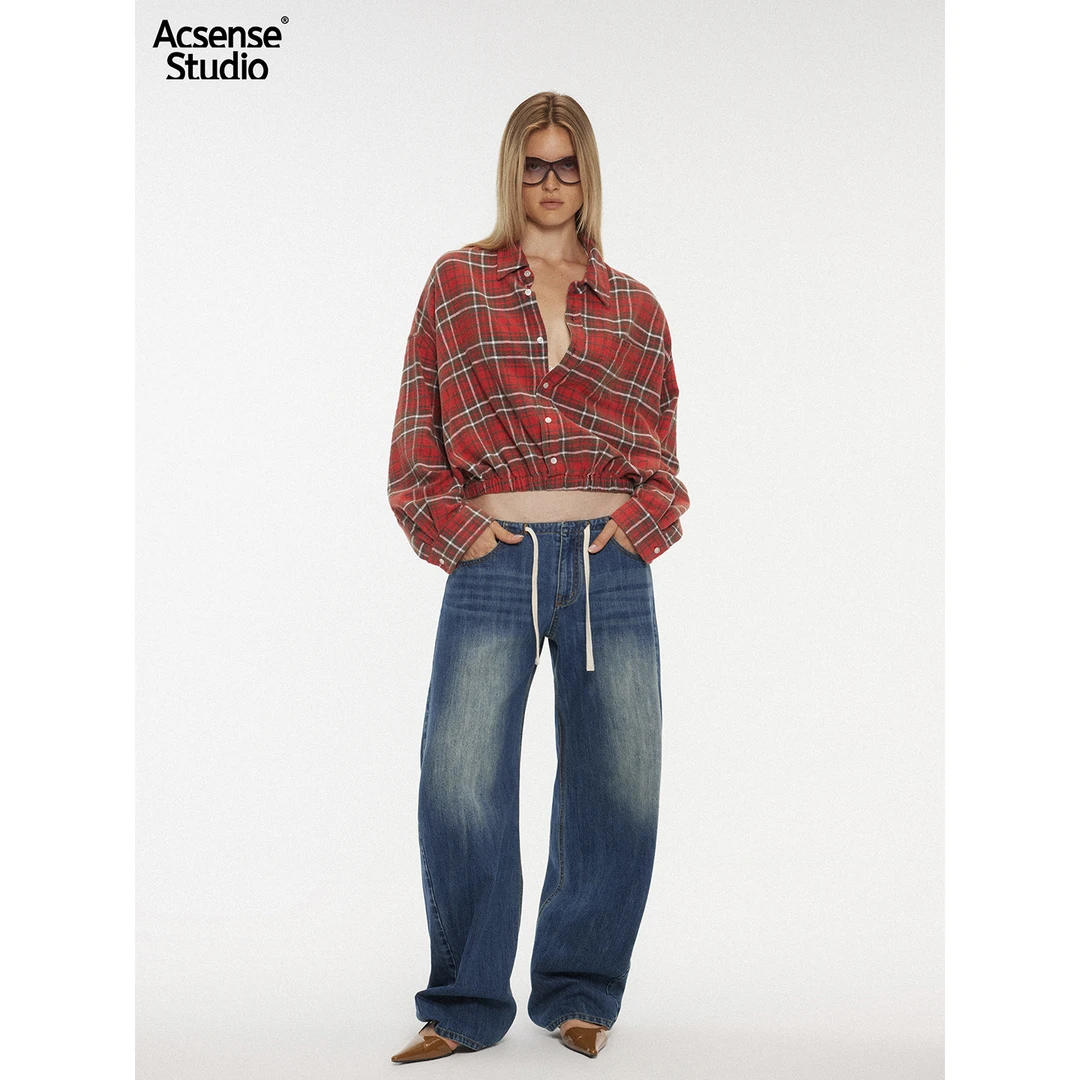 ACSENSE 双色做旧感松紧下摆格子衬衫 全棉色织翻领落肩上衣