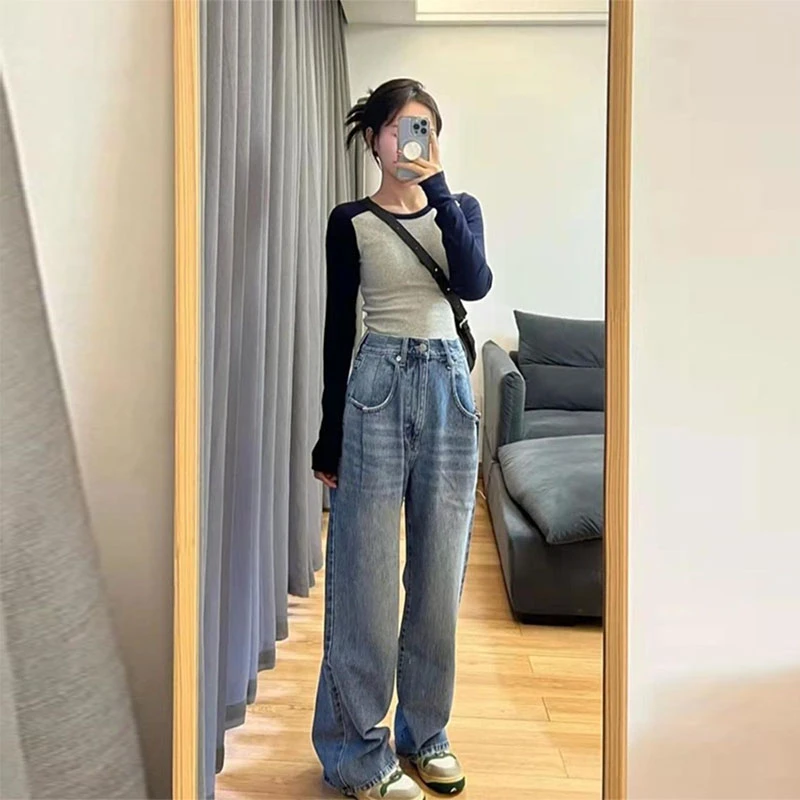 潮牌美式设计感撞色长袖T恤女春秋季甜酷辣妹修身内搭打底衫上衣