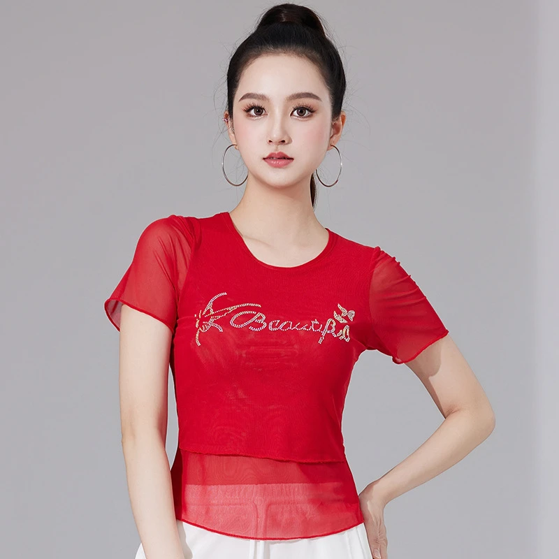 2025广场舞蹈服夏季新款假两件双层网纱彩钻修身显瘦跳舞上衣女