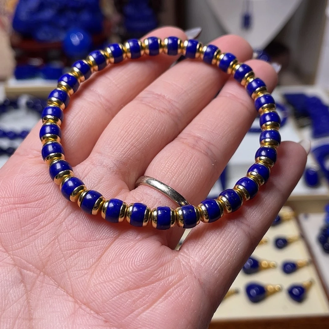 青金石银S925镀金镶嵌精品汉堡珠手串6mm（可拆卸）