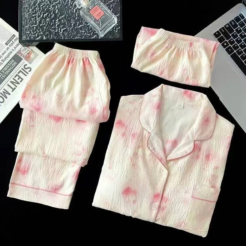 【R767】夏款菊粉小花短袖短裤+长裤三件套+胸垫【开衫款】