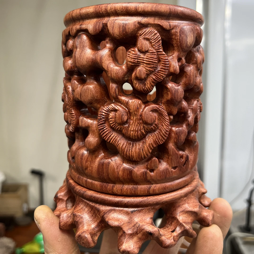 花梨木整木手工镂空创意根雕底座灵芝如意二件套笔筒013