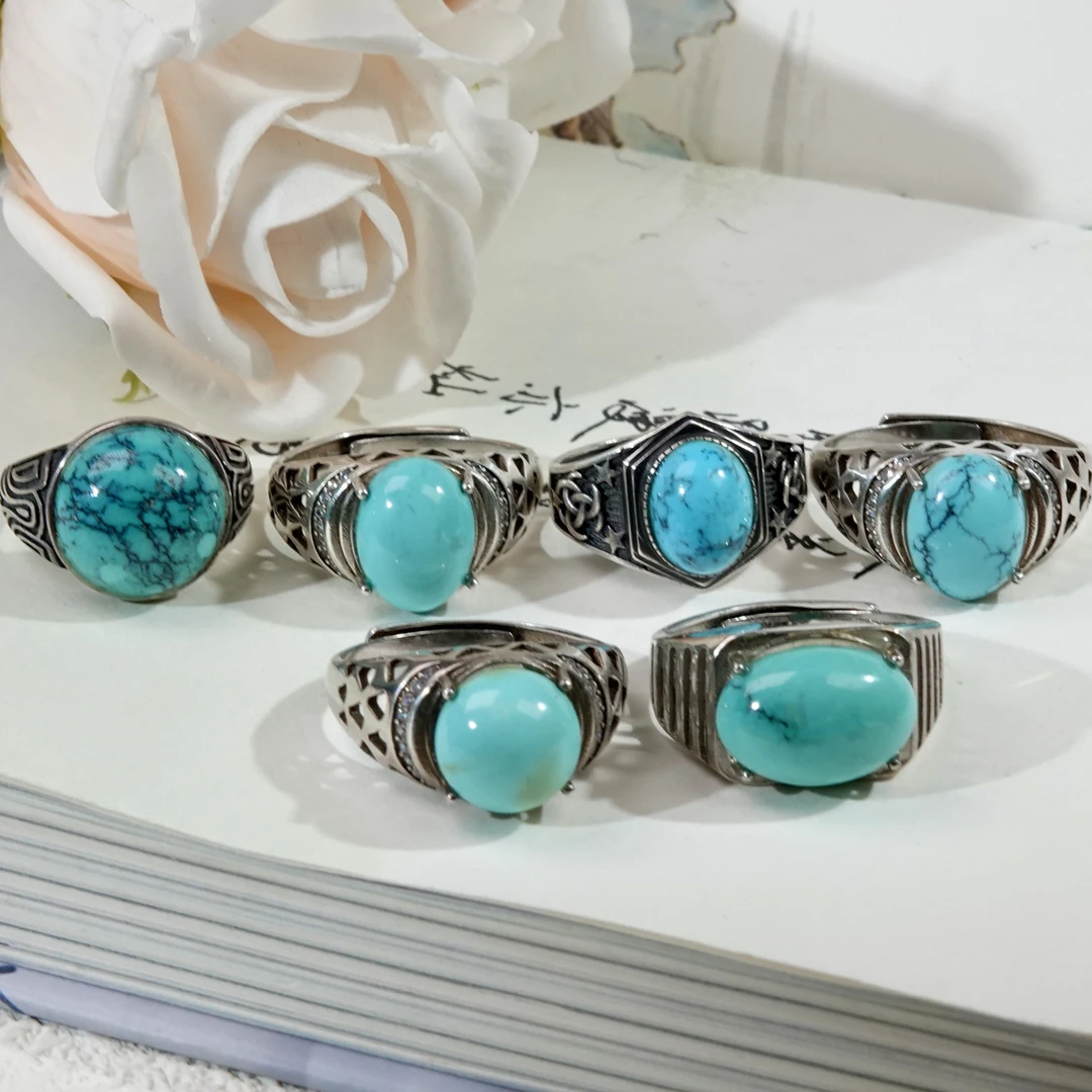 原矿湖北绿松石银镶时尚个性百搭款戒指