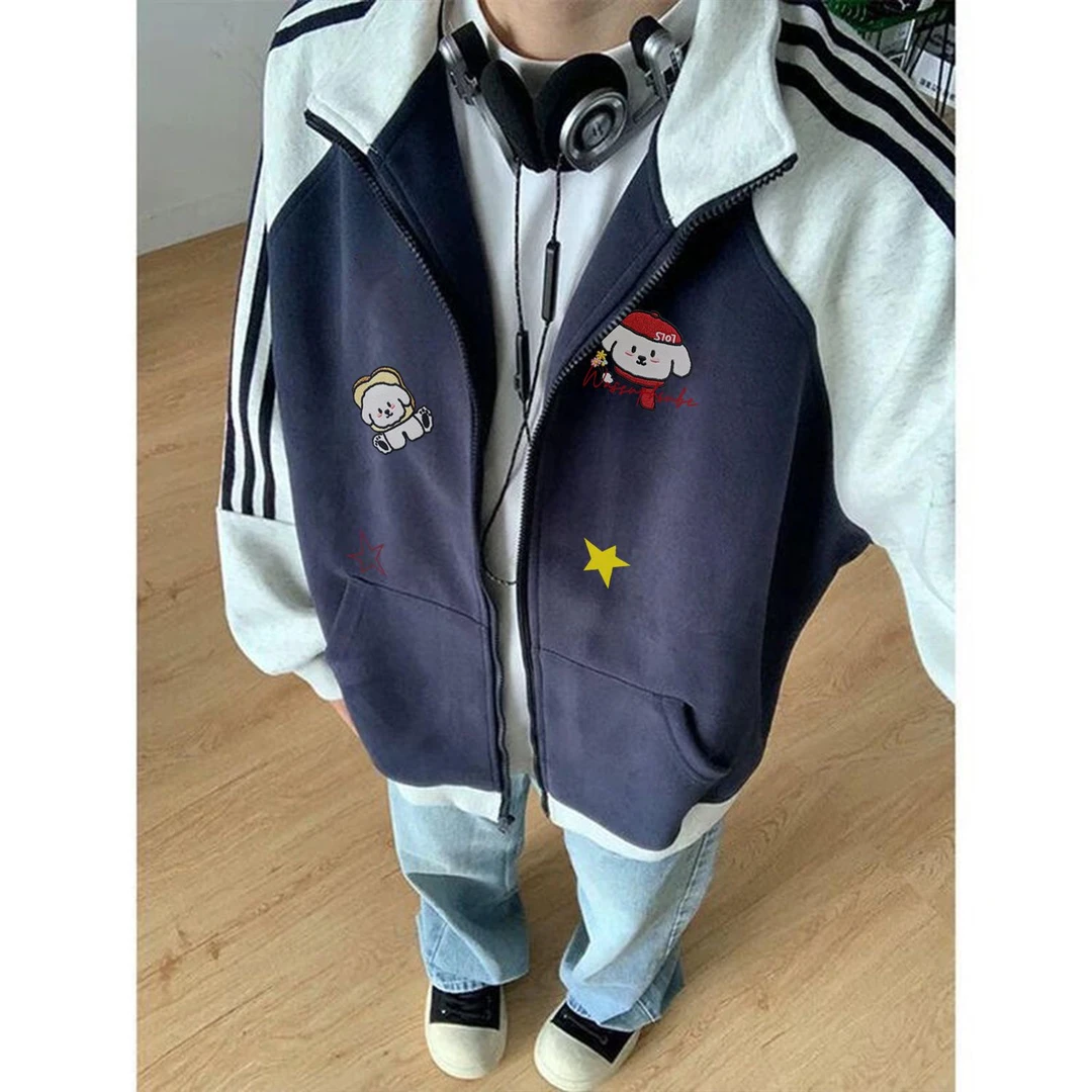 WASSUP HSUBE潮流宽松拉链百搭长袖秋冬立领卡通印花休闲情侣上衣