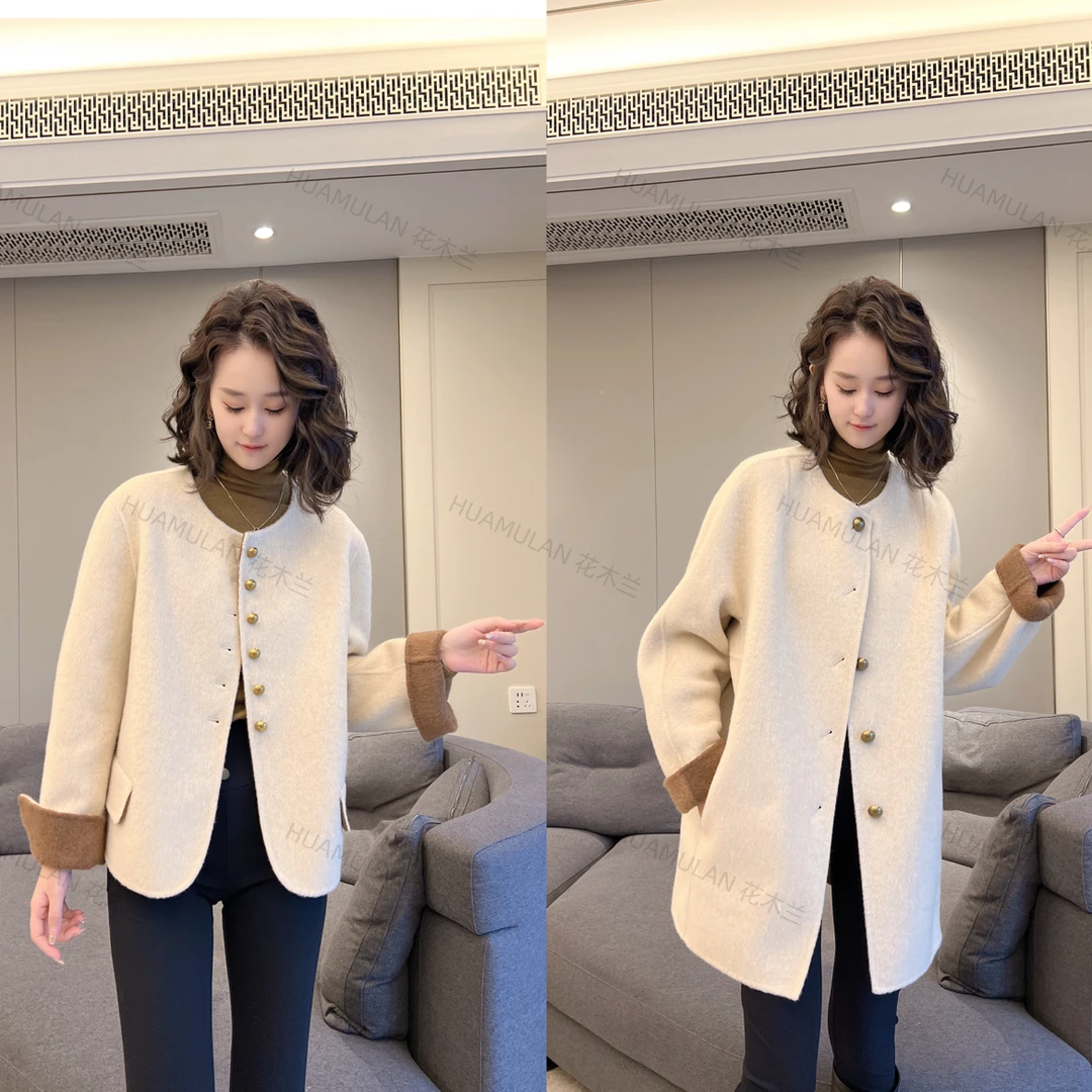 HUAMULAN/花木蘭2024秋冬新款鎏金气质时尚女士短款粗呢外套