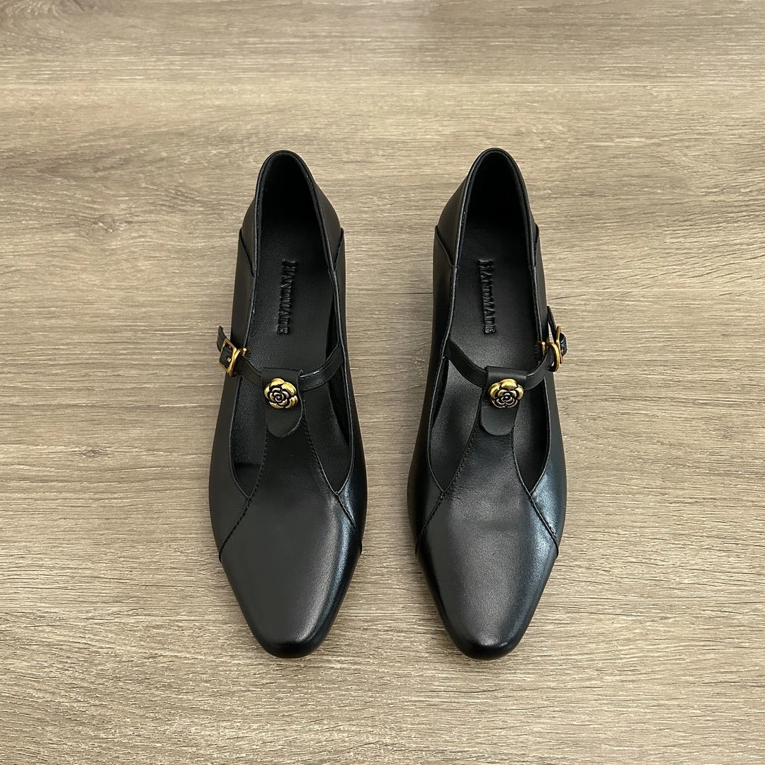 Dannyfrey法式气质山茶花T型扣带高跟女百搭通勤时尚玛丽珍鞋