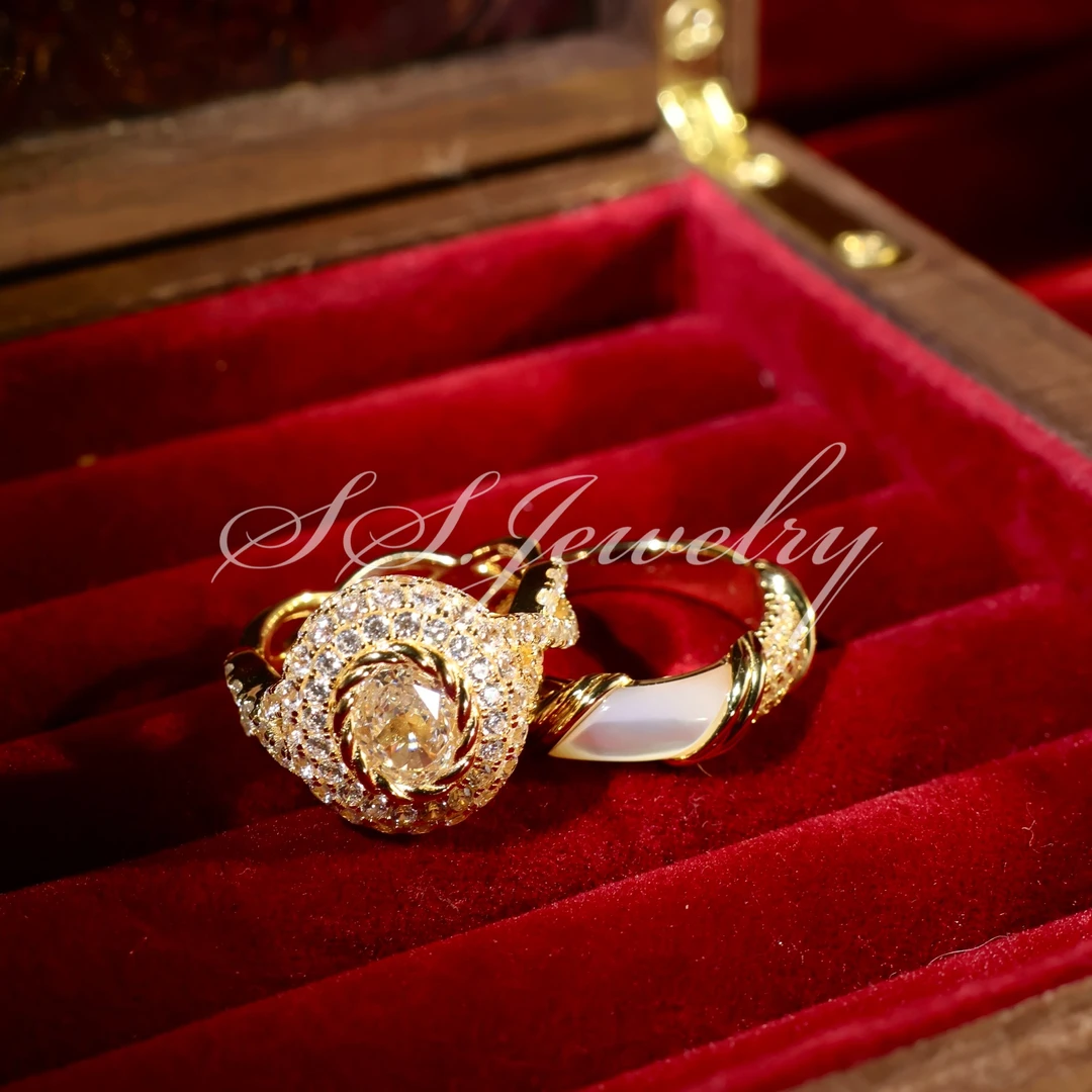 925银合成锆石戒指 SS JEWELRY迷人金花藤蔓豪镶鸽子蛋戒指轻奢