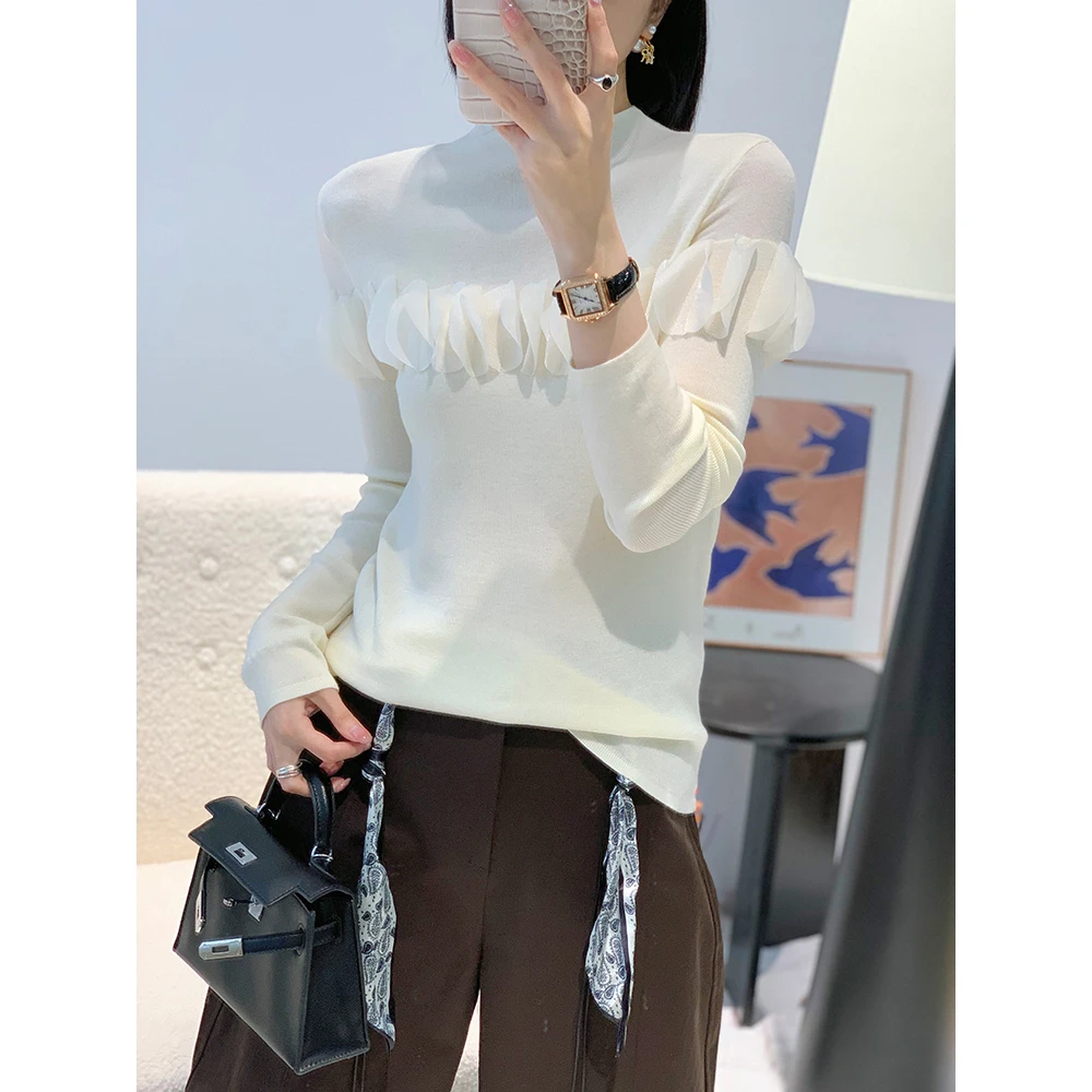 小众设计感拼接网纱花瓣针织衫女时尚半高领洋气百搭打底衫G7-32