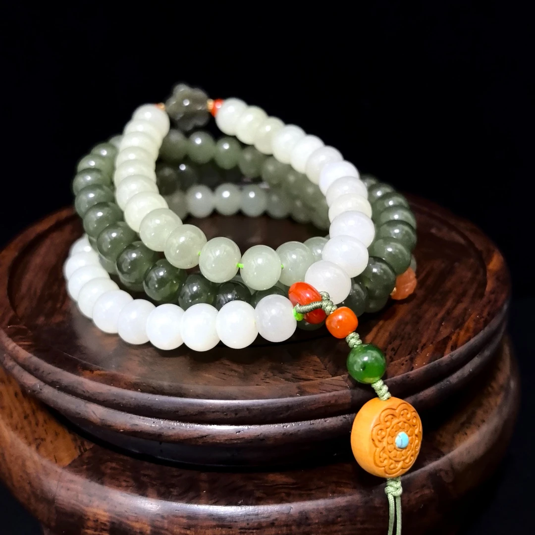 【玖客雅玉】精品和田玉山料渐变算盘珠108串珠项链男女卡10mm/169g