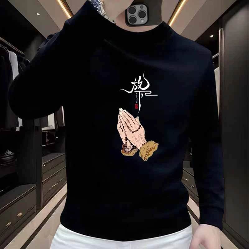 国潮秋冬季2025新款男士ins圆领卫衣时尚潮流印花加绒加厚上衣服