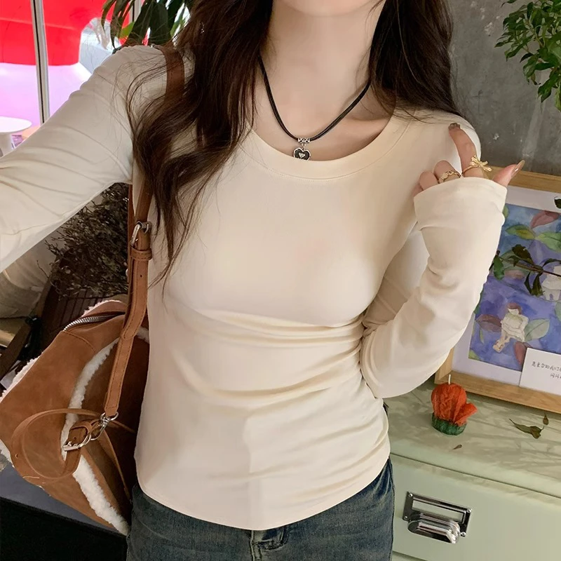 磨毛绒保暖打底衫女内搭圆领修身t恤秋冬款品质女装休闲外穿上衣