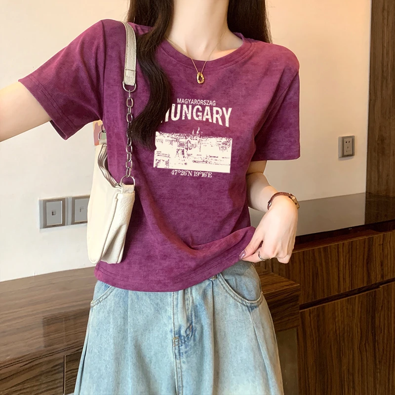 美式辣妹扎染正肩短袖t恤女夏季设计感小众甜辣风设计感短款上衣