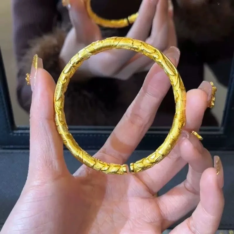 新中式国潮风古法昝刻花开富贵开口手镯S014