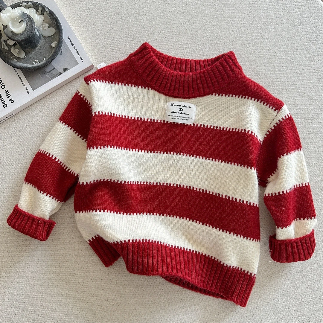 6周岁以上儿童毛衣25秋冬童装男童新年保暖针织衫宝宝小童条纹打