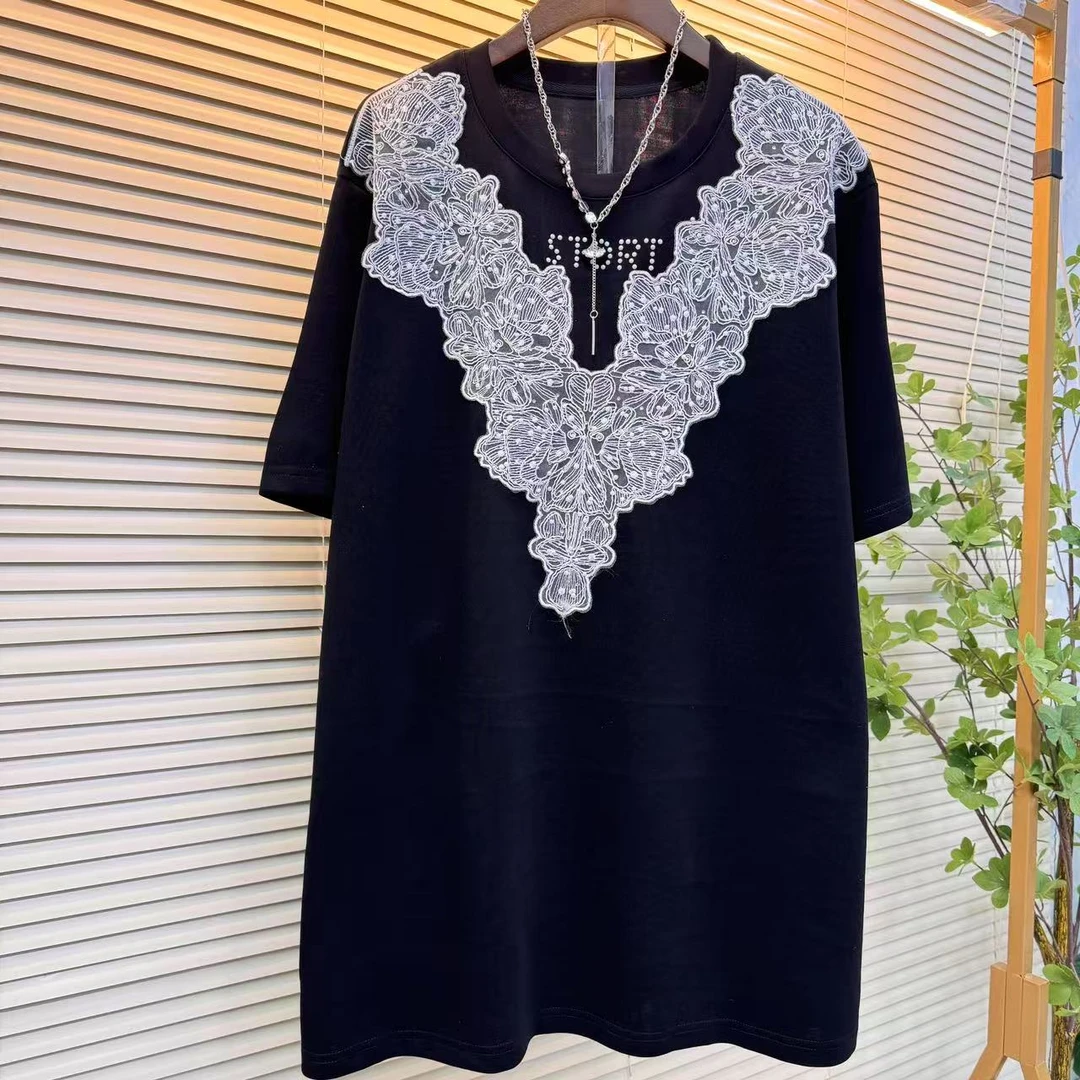 夏季宽松短袖蕾丝拼接重工压钻陶瓷片小众法式女上衣大码显瘦T恤