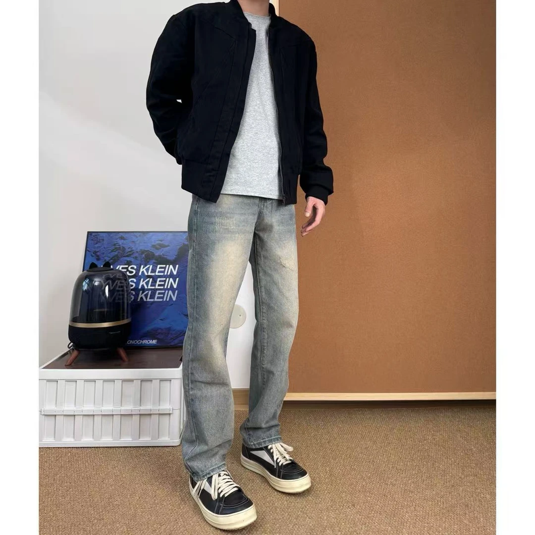 秋冬水洗直筒牛仔裤宽松磨破做旧百搭休闲复古男纹路长款质感