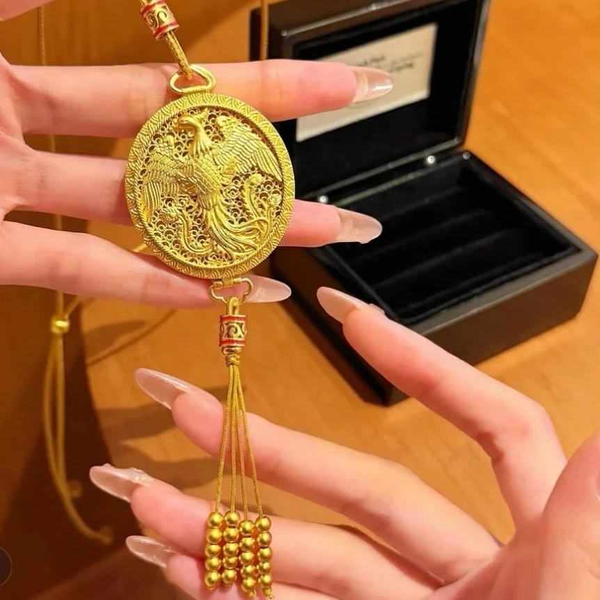 铜合金布艺吊坠 铜合金(镂空花丝凤凰香囊挂坠)百搭时尚潮流饰品