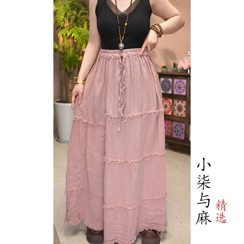 【小柒与麻】春秋季复古风亚麻多片拼接拉毛半身裙（裙长92臀围150）