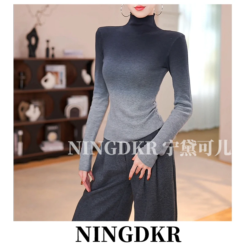 芊B41363宁黛可儿渐变色高领晕染长袖针织衫女修身内搭毛衣百搭