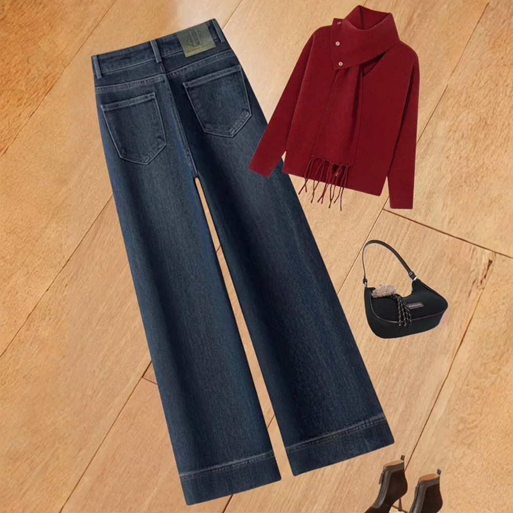 今年爆款丹宁牛仔阔腿裤女2025春秋季高腰小个子宽松窄版直筒长裤